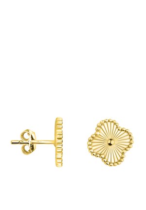 Boucles d'oreilles en or en forme de feuilles de trèfle avec des lignes rayonnantes et des bords perlés, présentées en vues de face et de côté.