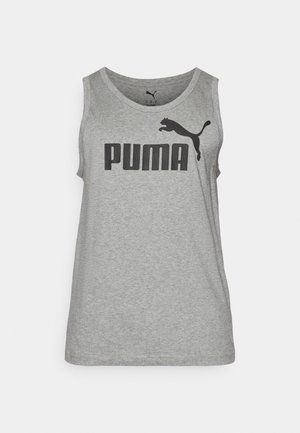 Graues ärmelloses Tanktop aus leichtem Material, das auf der Vorderseite ein großes schwarzes "PUMA"-Logo und die Silhouette eines springenden Pumas zeigt.