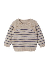 Beiger Pullover mit marineblauen Streifen, gerippten Bündchen und Saum. Verfügt über Holzknöpfe an der Schulter für ein einfaches An- und Ausziehen, gestrickter Strukturstoff.