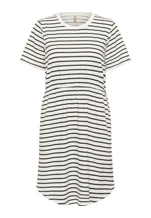 Kjole i kortærmet bomuld med sort og hvid vandret striber, elastisk talje, afrundet kant og klassisk rund halsudskæring.