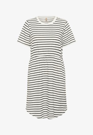 Kjole i kortærmet bomuld med sort og hvid vandret striber, elastisk talje, afrundet kant og klassisk rund halsudskæring.