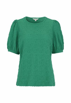 Vihreä teksturoiduilla lyhyillä hihoilla varustettu pusero, jossa on röyhelöhihoja ja pyöreä pääntie, koko 38-40, valmistaja Cellbes Ruotsista.