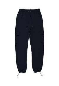 Pantaloni cargo blu navy realizzati in tessuto leggero, con vita elastica, coulisse e polsini arricciati, dotati di due tasche cargo laterali.
