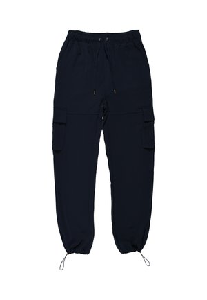 Pantaloni cargo blu navy realizzati in tessuto leggero, con vita elastica, coulisse e polsini arricciati, dotati di due tasche cargo laterali.