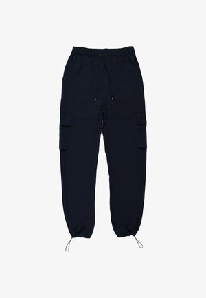 Pantaloni cargo blu navy realizzati in tessuto leggero, con vita elastica, coulisse e polsini arricciati, dotati di due tasche cargo laterali.