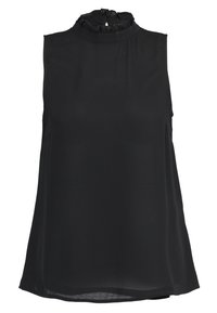 Ärmlös svart topp i lättviktsmaterial, med hög hals dekorerad med volang och en avslappnad passform, samt en något kurvad nederkant.