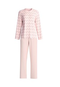 Lichtroze long-sleeve top met een herhalend patroon, gecombineerd met bijpassende lichtroze broek. Zachte textuur, ronde halslijn en een losvallende pasvorm.