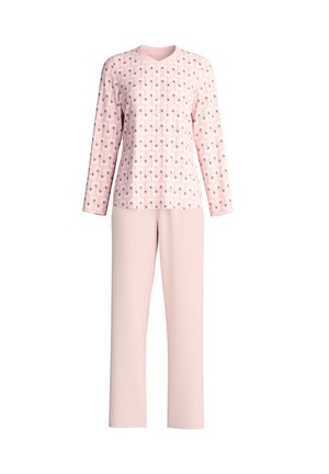 Helles rosa langärmliges Oberteil mit einem sich wiederholenden Muster, kombiniert mit passenden hellrosa Hosen. Weicher Stoff, Rundhalsausschnitt und lässige Passform.