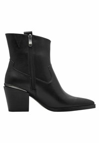 Bottines en cuir noir avec un bout pointu, fermeture éclair sur le côté et un talon épais. Présentent des coutures discrètes et une finition lisse.