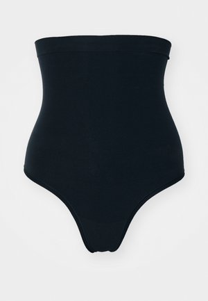 Shapewear noir taille haute en tissu lisse et extensible, avec des bordures sans coutures et un design de culotte minimale pour une visibilité réduite.