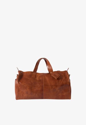 Brown leather duffel bag with dual top handles, smooth texture, flat bottom, side zipper, and a rectangular shape with a brand tag attached.