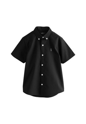 Chemise noire à manches courtes, en coton, avec des boutons blancs, un ourlet arrondi et un petit logo sur la poitrine.