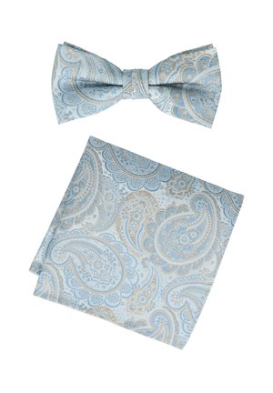 Fliege und Einstecktuch-Set in Hellblau mit goldenen Paisleymuster. Strukturiertes Gewebe mit detaillierten Blumendesigns.