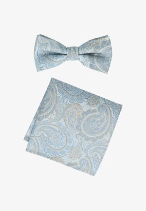 Fliege und Einstecktuch-Set in Hellblau mit goldenen Paisleymuster. Strukturiertes Gewebe mit detaillierten Blumendesigns.