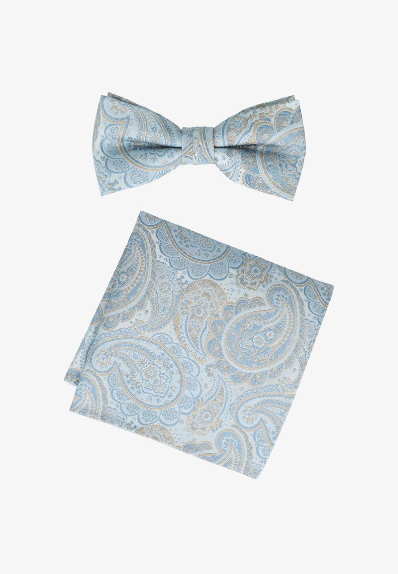 Fliege und Einstecktuch-Set in Hellblau mit goldenen Paisleymuster. Strukturiertes Gewebe mit detaillierten Blumendesigns.