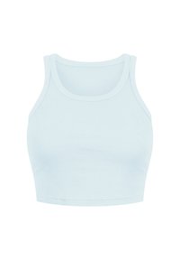 Ljusblå kortärmad tanktop i ribbat material, med klassisk rund halsringning och breda axelremmar. Slät textur, minimalistisk design.