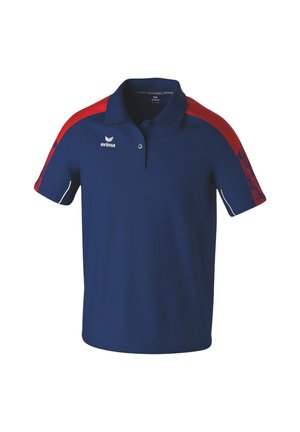 Polo blu navy con strisce rosse sulle spalle, maniche corte, colletto, apertura con due bottoni e logo Erima bianco sul petto.