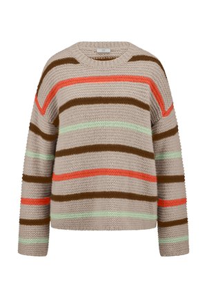 Chunky knit beige sweater with horizontal brown, coral, and light green stripes and a round neckline.
