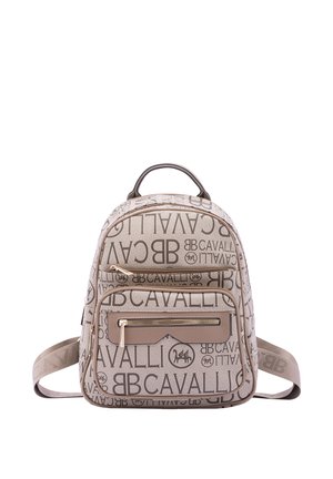 Zaino beige con un design a motivo e grande testo del logo. Ha una tasca frontale con zip e spallacci regolabili per maggiore comodità.