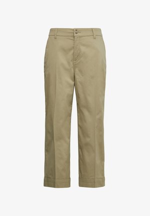 Khaki trousers in lightweight cotton, featuring a straight-leg design, button closure, and folded cuffs. Smooth texture with minimal detailing.