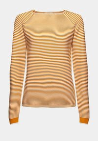 Langarm gestreiftes Oberteil mit orange-weißen horizontalen Streifen, rundem Ausschnitt und gerippten Bündchen. Aus weichem Baumwollgemisch.