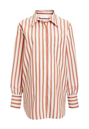 Overhemd met lange mouwen en knopen, met verticale oranje en witte strepen, puntkraag, borstzak en manchetten aan de mouwen.