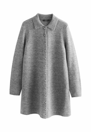 Cardigan gris long à boutons avec col, manches longues et détails côtelés sur les épaules et les poignets.