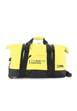 Yellow and black duffle bag with a zippered pocket, dual carry handles, and straps. Features branding text and logo "National Geographic."
