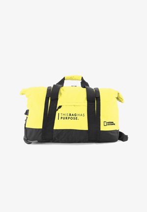 Yellow and black duffle bag with a zippered pocket, dual carry handles, and straps. Features branding text and logo "National Geographic."