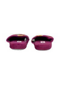 Pantofole rosa a scivolo con una texture morbida, dotate di una tomaia decorata con un motivo colorato e una suola imbottita per il massimo comfort.
