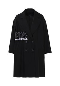 Cappotto nero doppiopetto realizzato in tessuto testurizzato, caratterizzato da ricami "NYC" e "MARC ELLIS" in bianco sul lato sinistro.