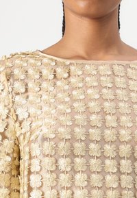 Gros plan d'un haut beige transparent avec des rangées de motifs floraux brodés sur la poitrine et les manches, porté par une personne aux cheveux tressés.