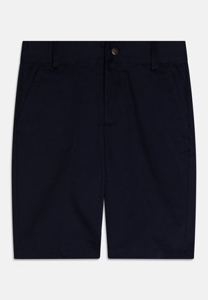 Shorts bleu marine en mélange de coton ; avec deux poches avant, une fermeture à bouton et une coupe droite.