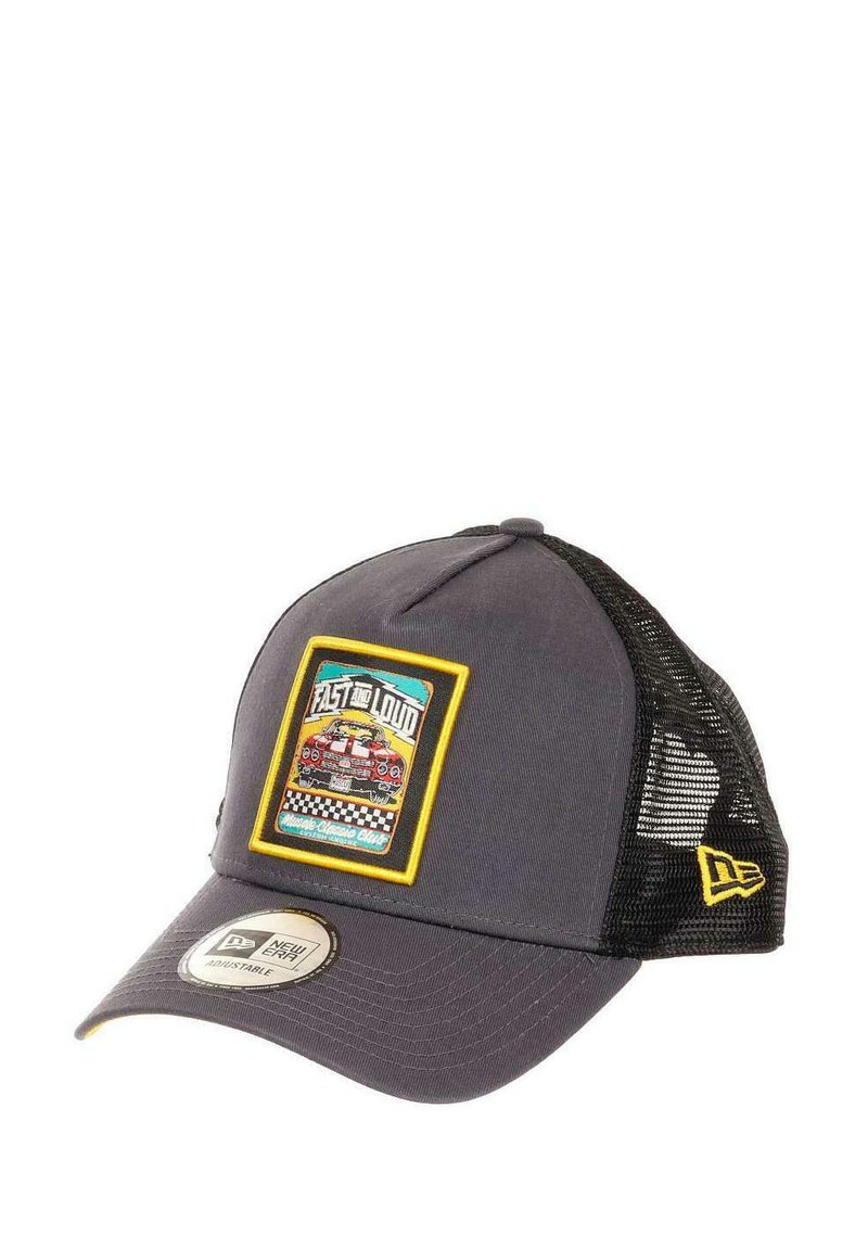 Gray cap with a mesh back, featuring a colorful "Fast and Loud" patch, a curved brim, and yellow accents on the logo and side.