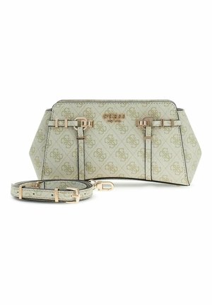Sac à main Guess vert clair avec boucles dorées, imprimé logo et bandoulière assortie amovible sur fond blanc.