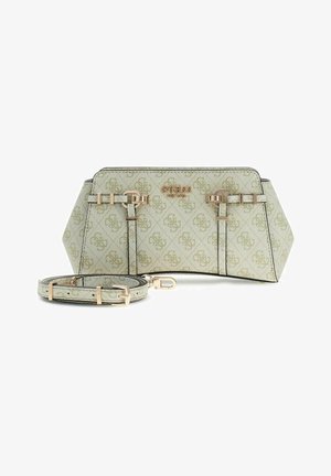 Sac à main Guess vert clair avec boucles dorées, imprimé logo et bandoulière assortie amovible sur fond blanc.