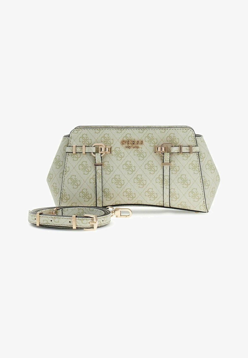 Sac à main Guess vert clair avec boucles dorées, imprimé logo et bandoulière assortie amovible sur fond blanc.