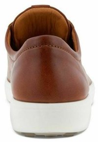 Brown leather shoe with a rounded back, featuring a smooth texture, padded interior, and a white rubber sole.