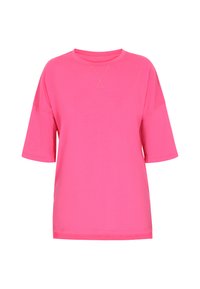 Vaaleanpunainen lyhythihainen T-paita pyöreällä pääntiellä, jossa on sileä pinta ja hillitty ompelutaito edessä.