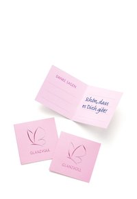 Pink greeting card with butterfly design; inside features lines for notes and printed text in blue. Two matching note cards displayed.