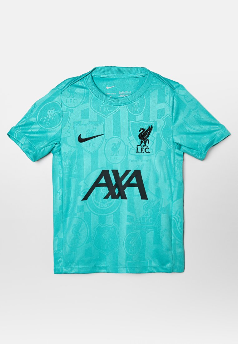 Türkises Nike-Trikot mit kurzen Ärmeln. Enthält schwarzes "L.F.C."-Logo, den Text "AXA" und dezente geprägte Muster des Vereinswappens.