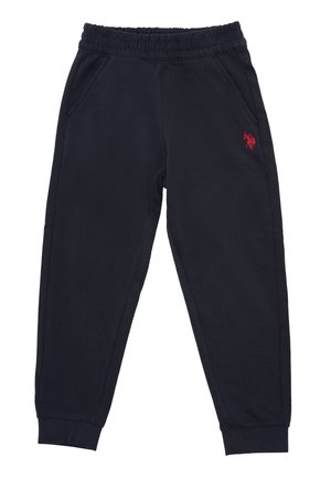Pantaloni della tuta blu navy realizzati in morbido tessuto, con elastico in vita, due tasche laterali e un piccolo logo rosso sulla coscia sinistra.