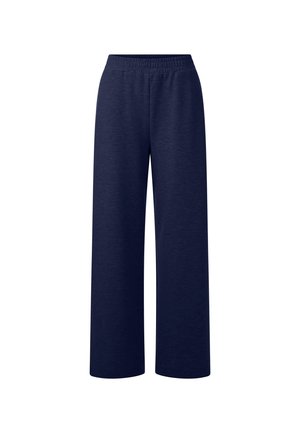 Pantalones de pierna ancha azul marino, fabricados con un material suave y texturizado. Cuentan con una cinturilla elástica para mayor comodidad. Sin patrones adicionales ni acentos.