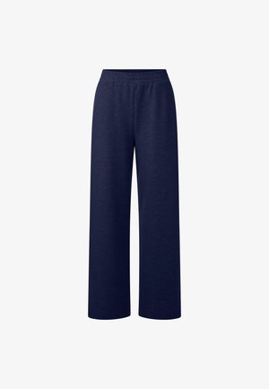Marineblaue weit geschnittene Hose aus einem weichen, strukturierten Material. Mit einem elastischen Bund für zusätzlichen Komfort. Keine weiteren Muster oder Akzente.