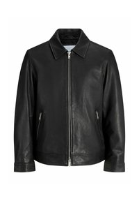 Black leather jacket with a front zipper, two zippered side pockets, and a folded collar on a plain white background.