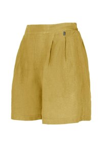 Pantaloni shorts giallo senape realizzati in tessuto testurizzato, con una parte anteriore plissettata, un design a gamba larga e un piccolo accento con logo argentato.