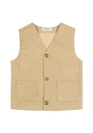 Gilet beige in lino senza maniche con scollo a V, tre bottoni marroni e due tasche frontali, una con logo ricamato discreto.