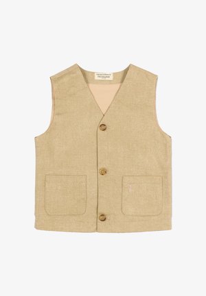 Gilet beige in lino senza maniche con scollo a V, tre bottoni marroni e due tasche frontali, una con logo ricamato discreto.