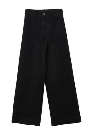 Jeans neri a gamba larga con vita alta, bottone frontale e cuciture verticali visibili su ogni gamba.