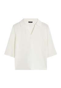 Top bianco a maniche corte con scollatura a V e colletto, realizzato in tessuto morbido. Presenta una vestibilità comoda e una texture liscia.